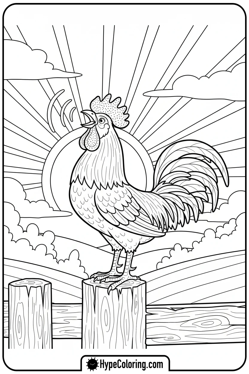 rooster-crowing-at-sunrise - farm animal coloring pages