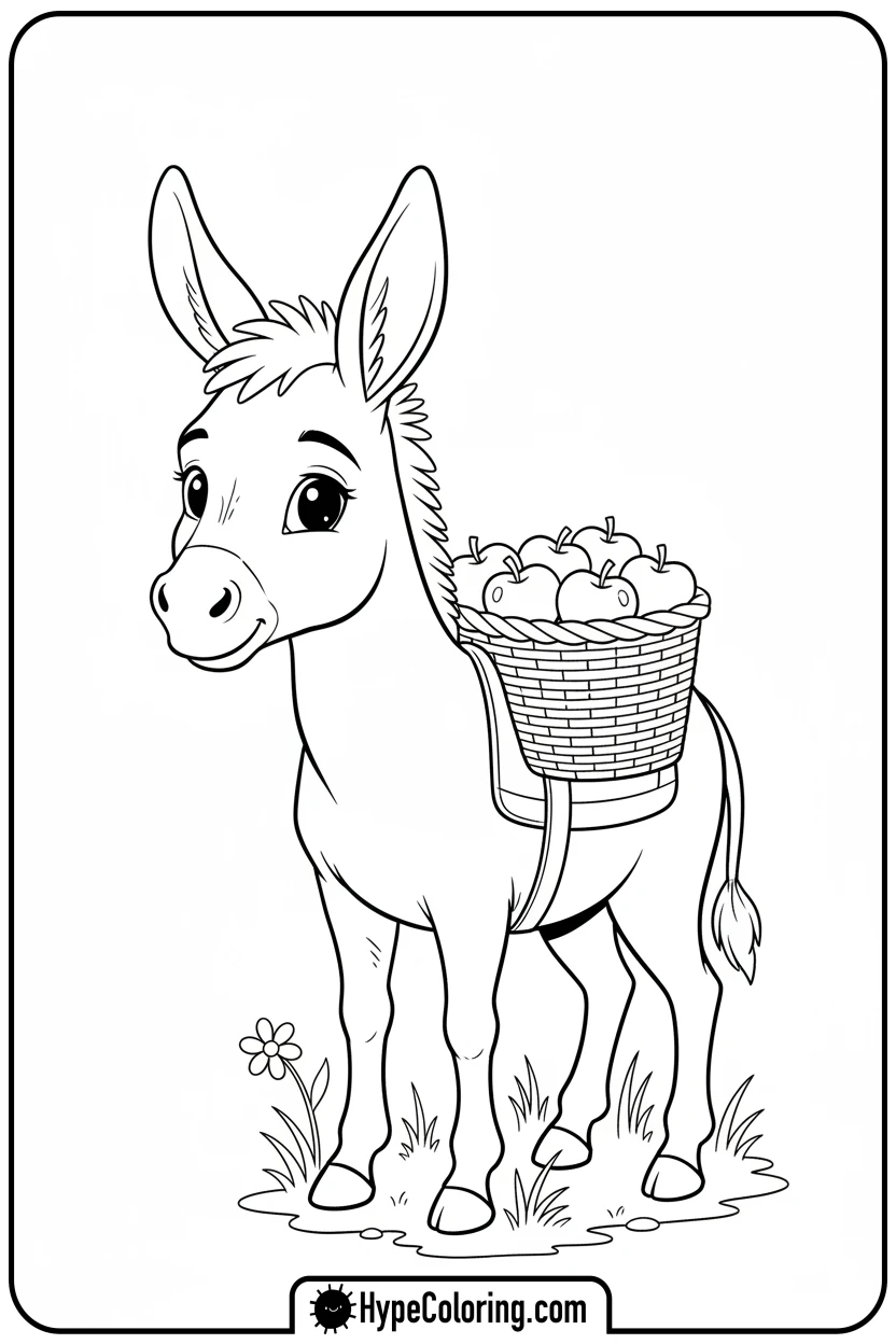 donkey-carrying-apples - farm animal coloring pages