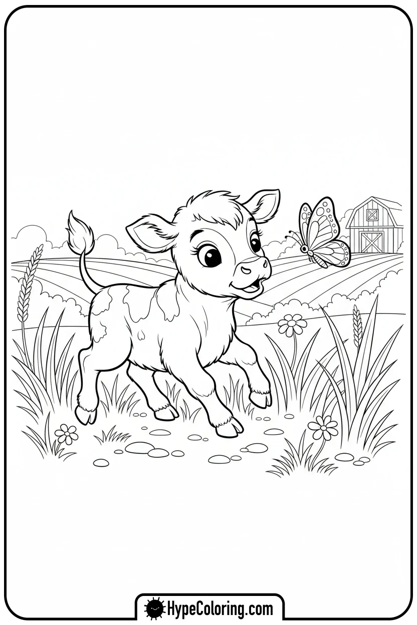 calf-chasing-butterfly - farm animal coloring pages