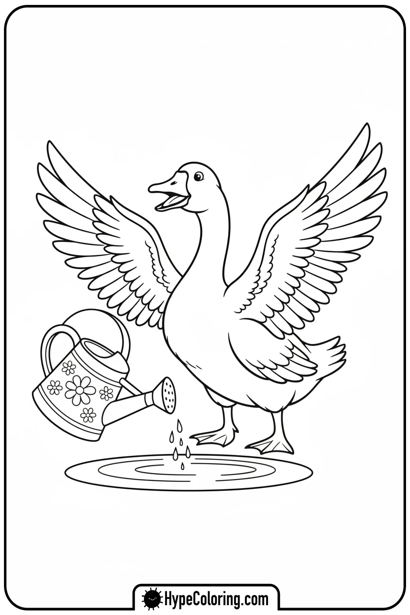 goose-hissing-at-watering-can - farm animal coloring pages