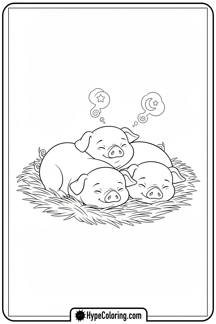 sleeping-piglets-in-straw - farm animal coloring pages