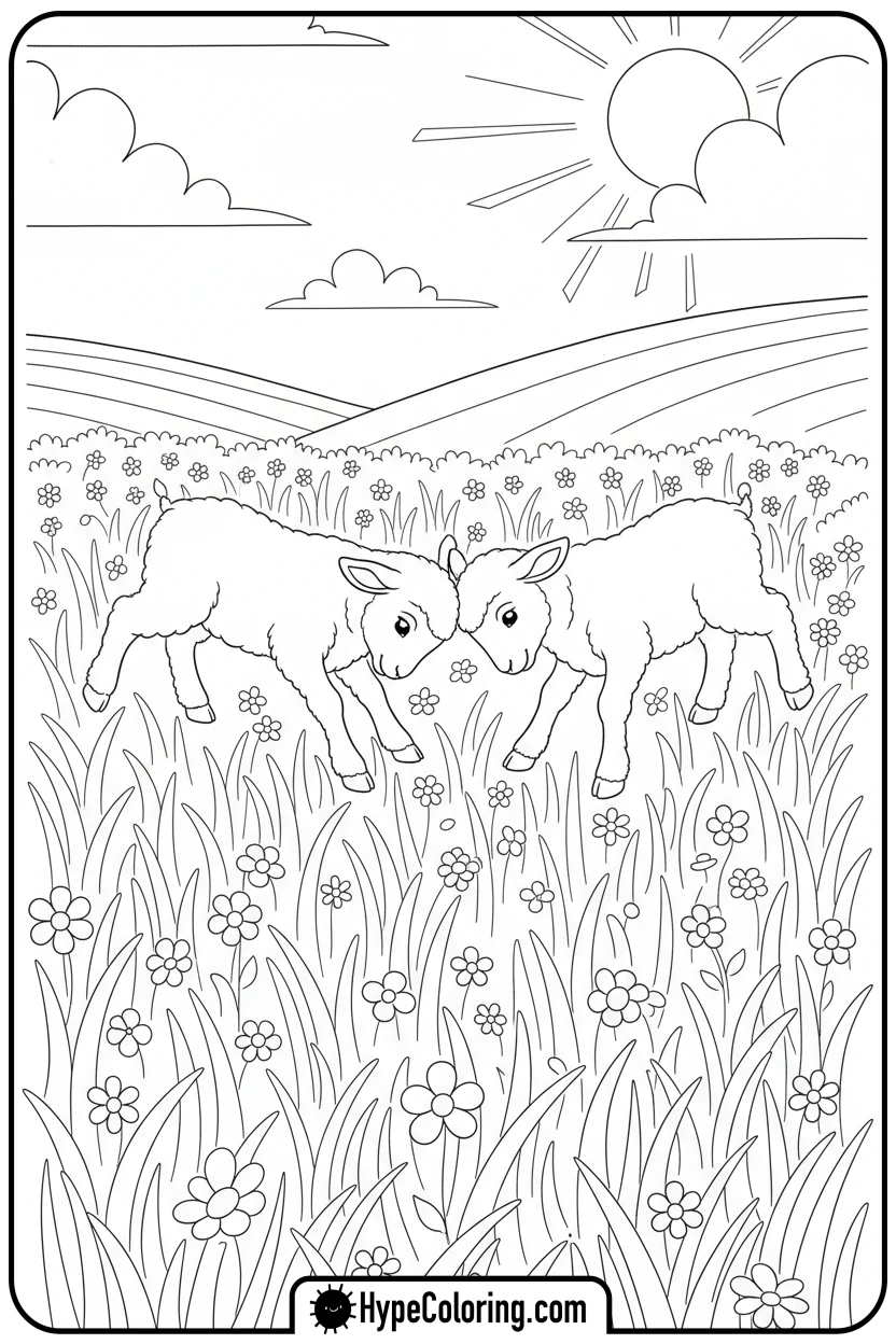 lambs-playfully-butting-heads - farm animal coloring pages