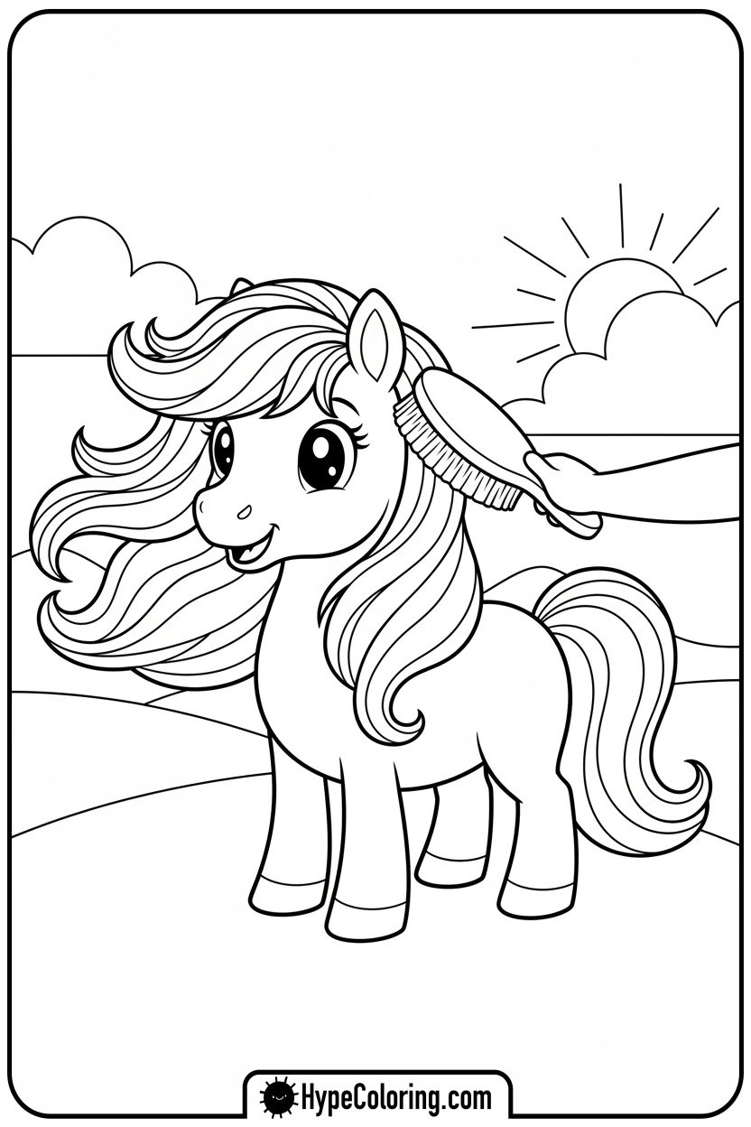 child-brushing-pony - farm animal coloring pages