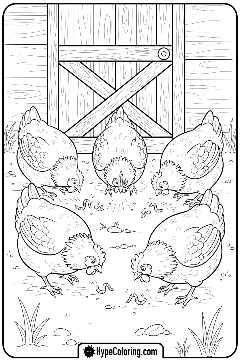 chickens-scratching-for-worms - farm animal coloring pages