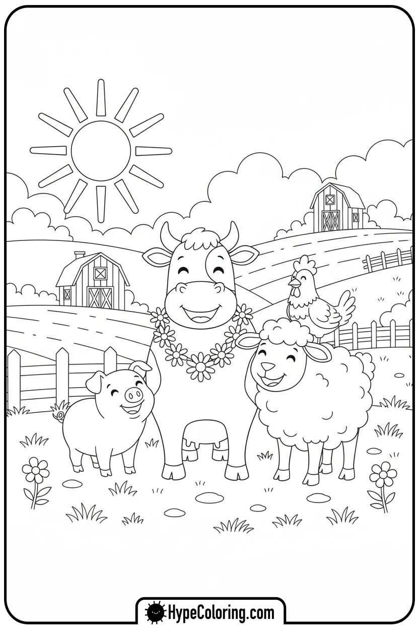 group-of-smiling-farm-animals - farm animal coloring pages
