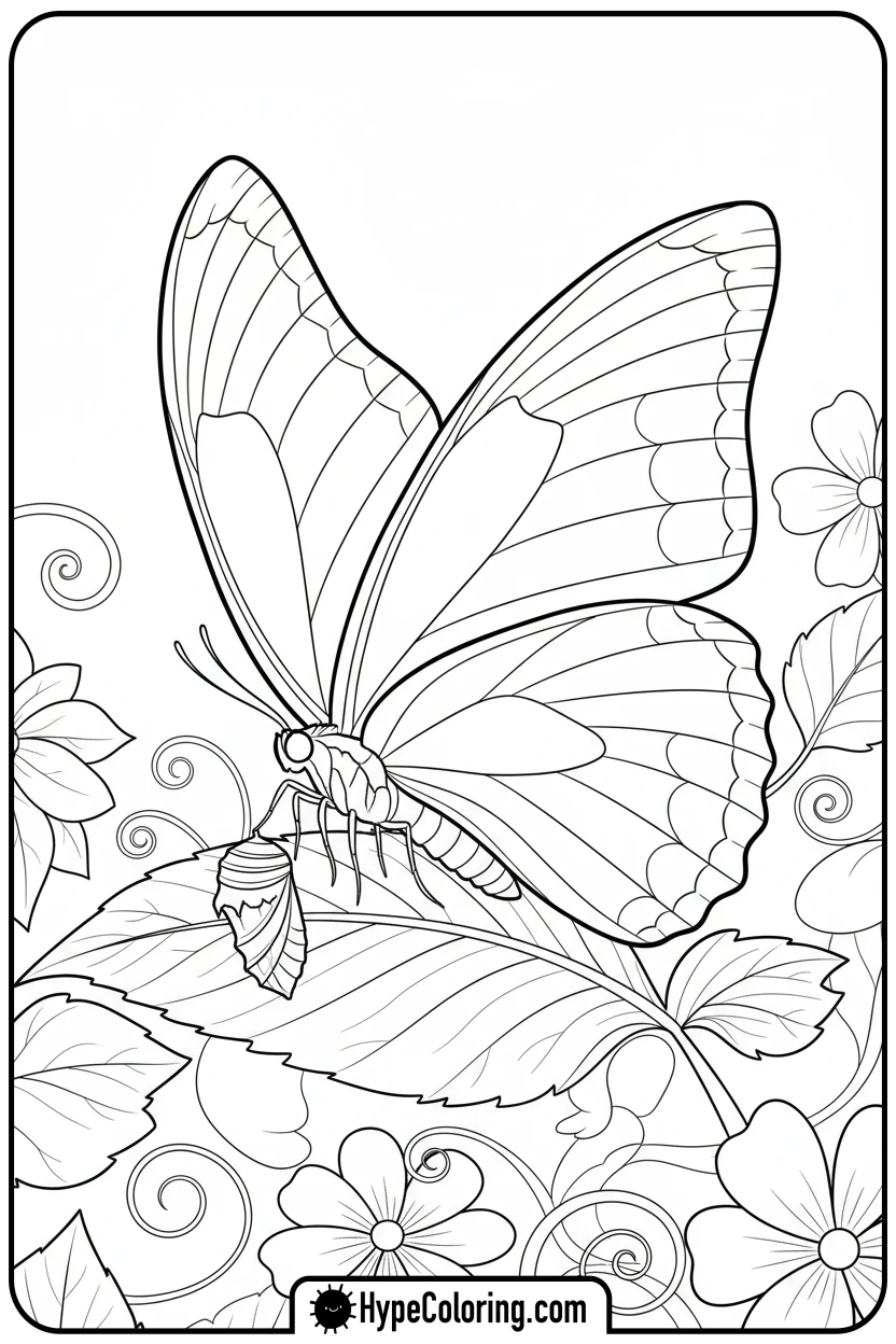 new-butterfly-near-chrysalis - free butterfly coloring pages