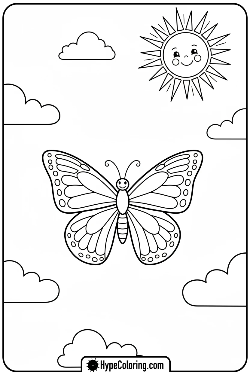 butterfly-flying-to-sun - free butterfly coloring pages