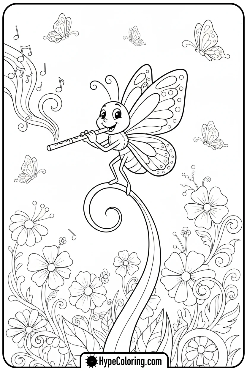 butterfly-playing-flute - free butterfly coloring pages