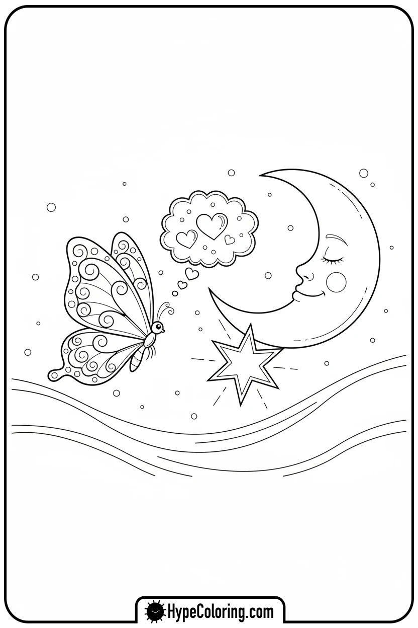 butterfly-flying-to-moon-and-star - free butterfly coloring pages