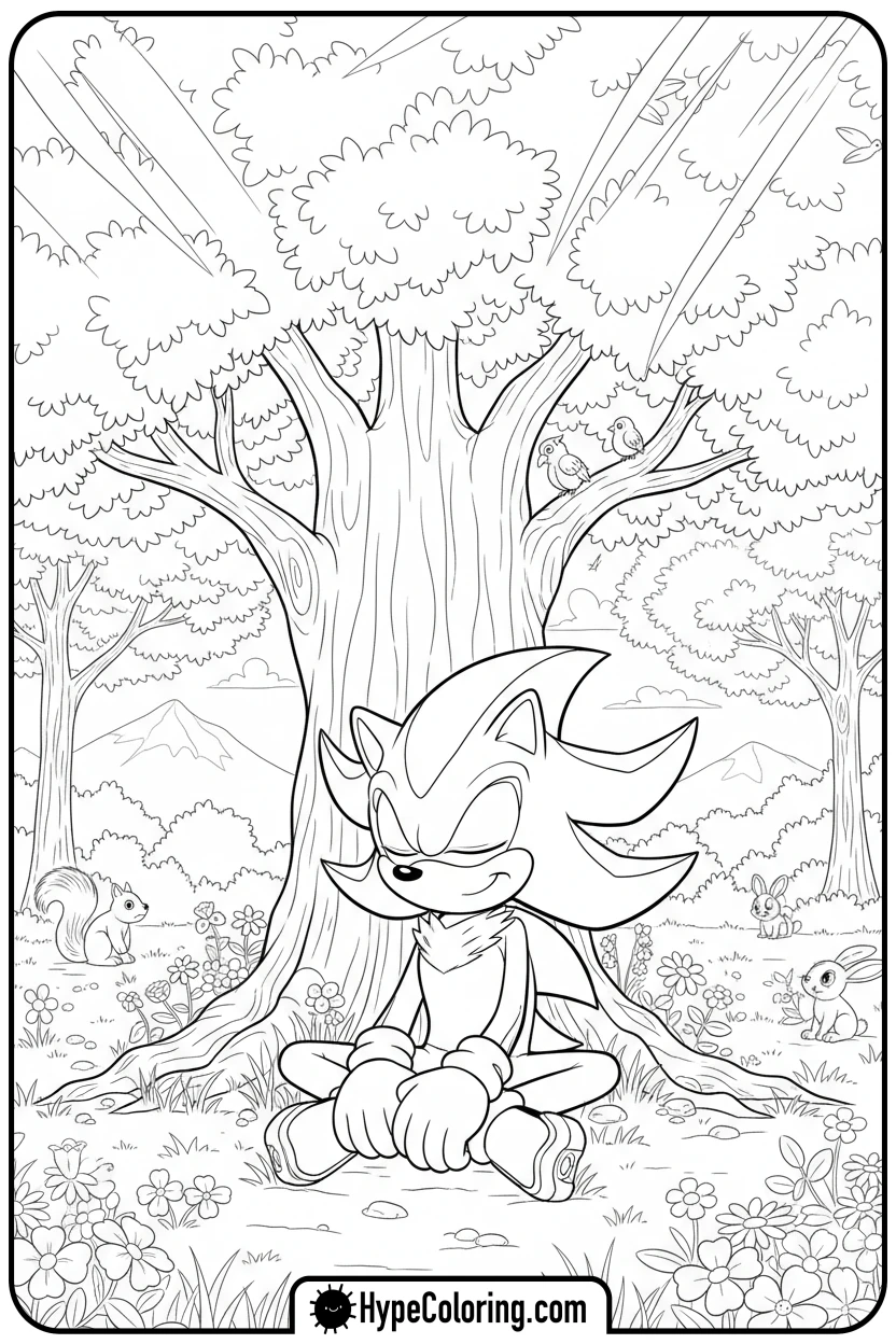 shadow-sitting-under-tree - free coloring pages of shadow the hedgehog