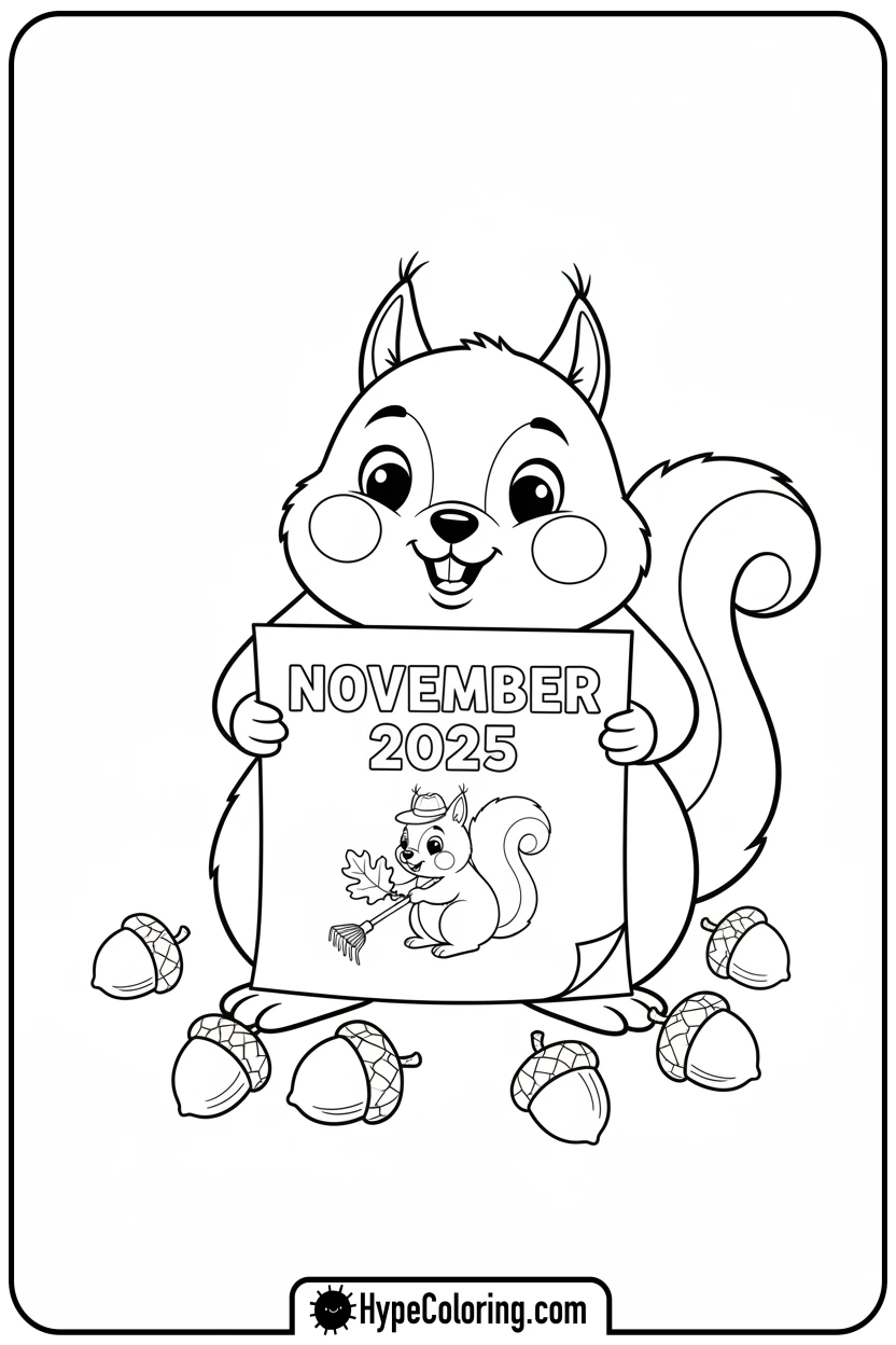 squirrel-with-november-calendar - free printable 2025 coloring pages calendar november