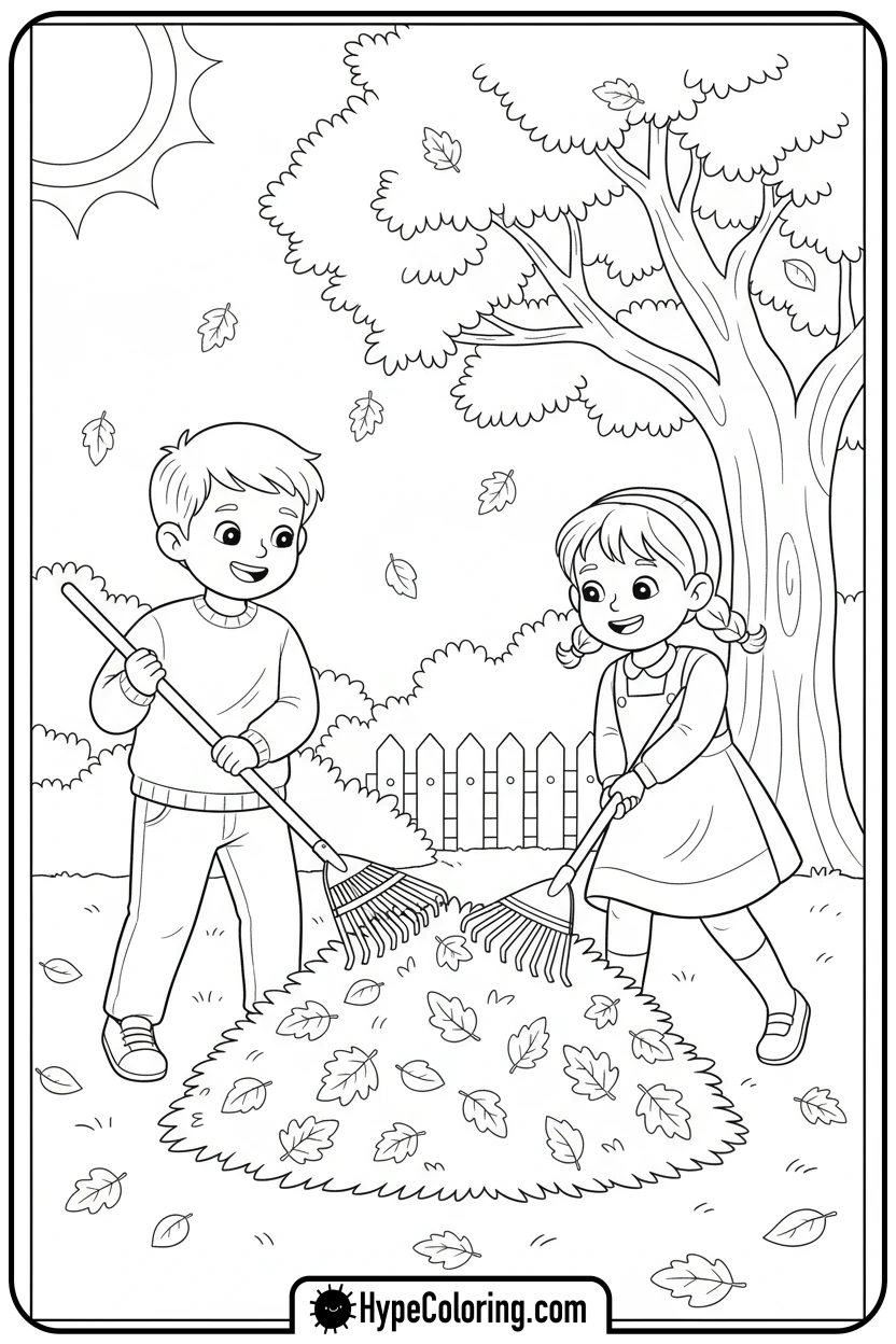 kids-raking-leaves - free printable 2025 coloring pages calendar november