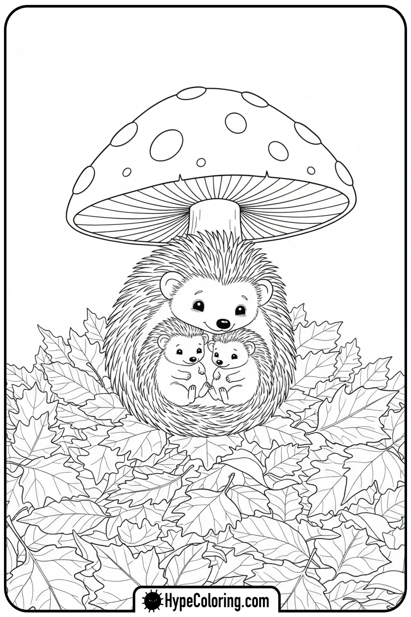 hedgehogs-under-mushroom - free printable 2025 coloring pages calendar november