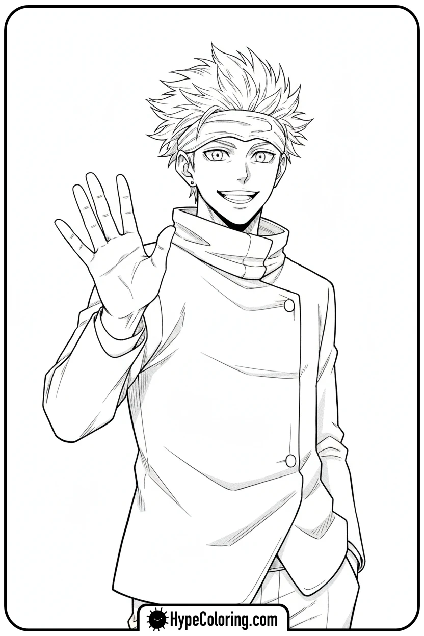 gojo-waving-with-a-smile - gojo coloring pages
