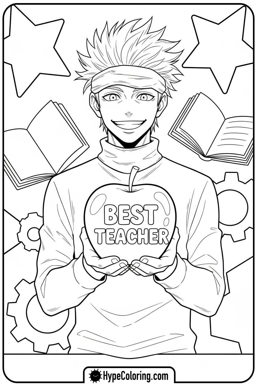 gojo-holding-best-teacher-apple - gojo coloring pages