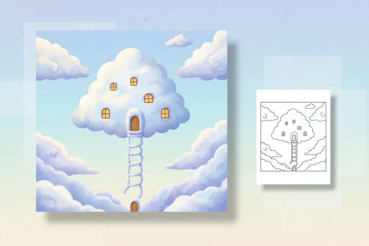 a-dreamlike-cloud-house-floating - house coloring pages
