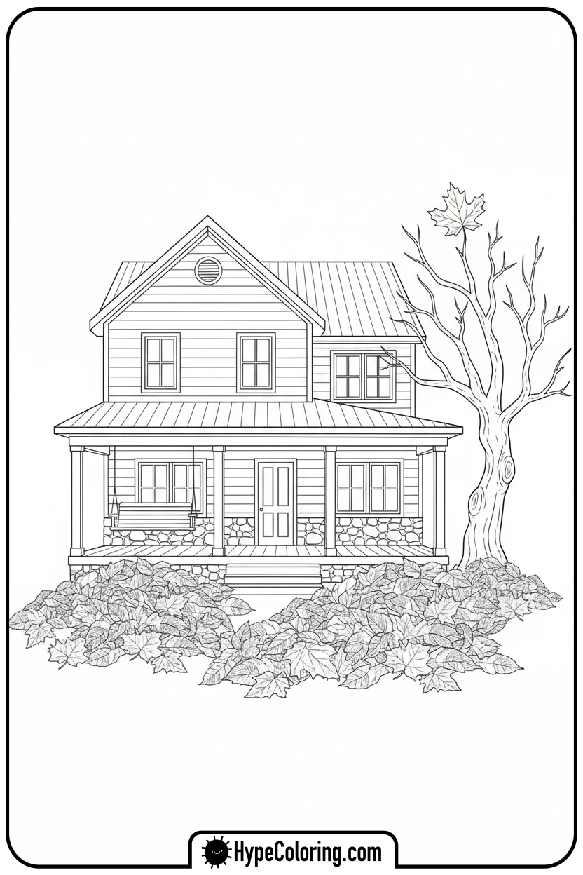house-with-autumn-leaves - house coloring pages