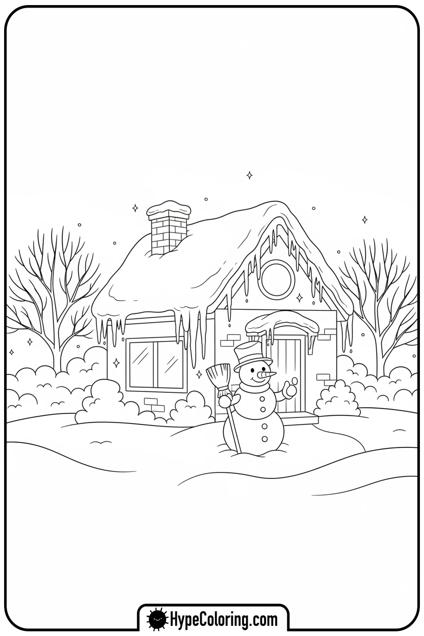 snow-covered-winter-house - house coloring pages