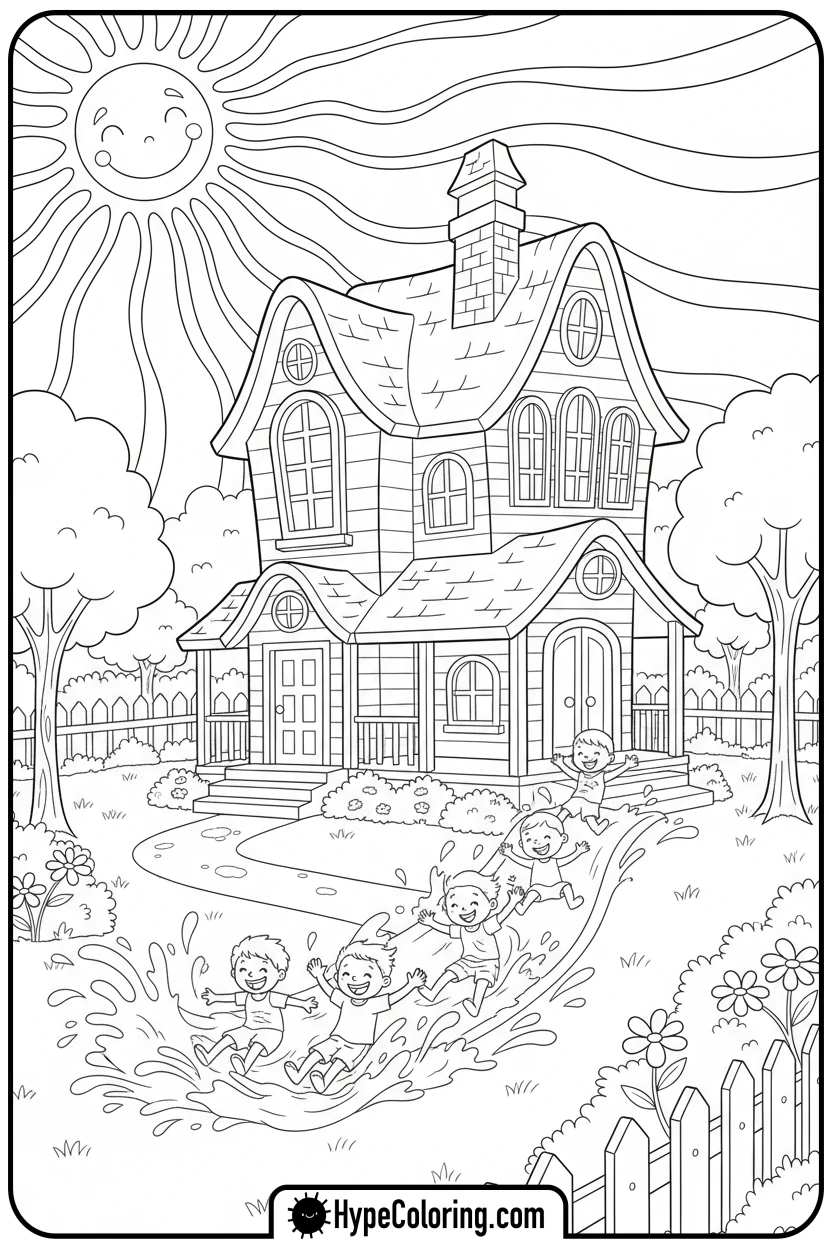house-with-kids-playing - house coloring pages