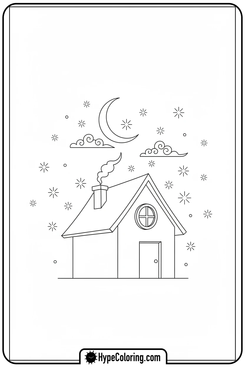 house-under-starry-night - house coloring pages