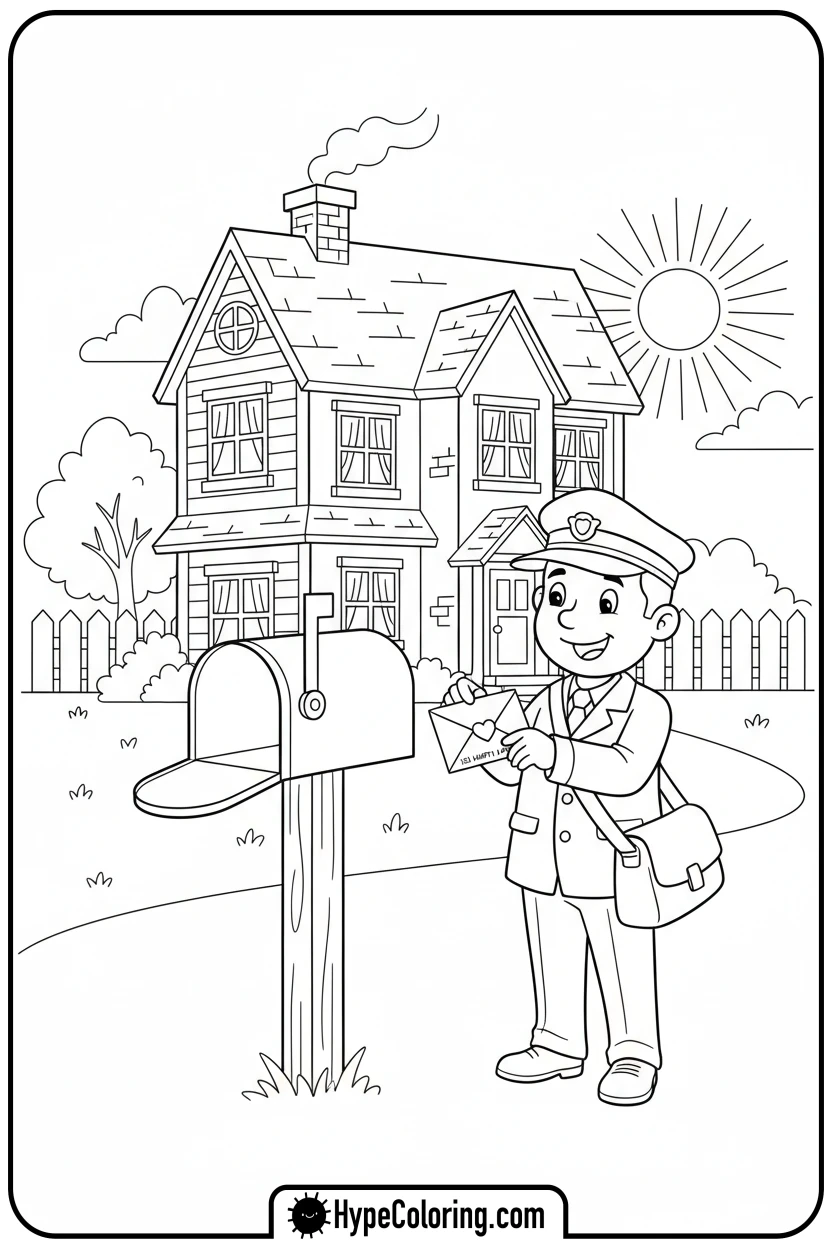 house-with-mailbox-and-postman - house coloring pages