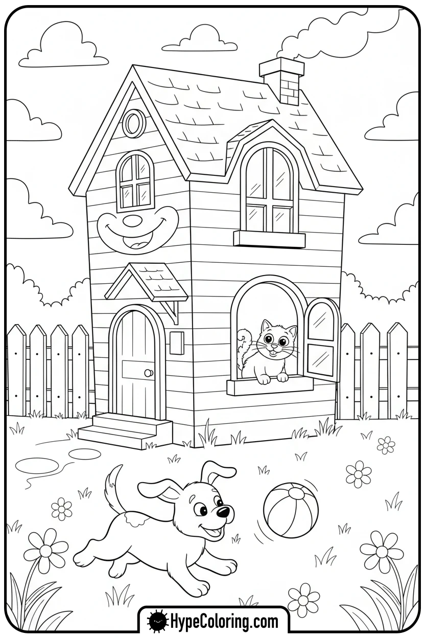 house-with-a-puppy-and-cat - house coloring pages