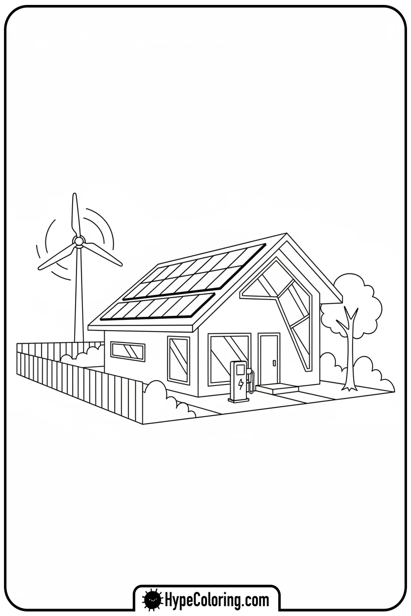 eco-friendly-house-with-solar-panels - house coloring pages
