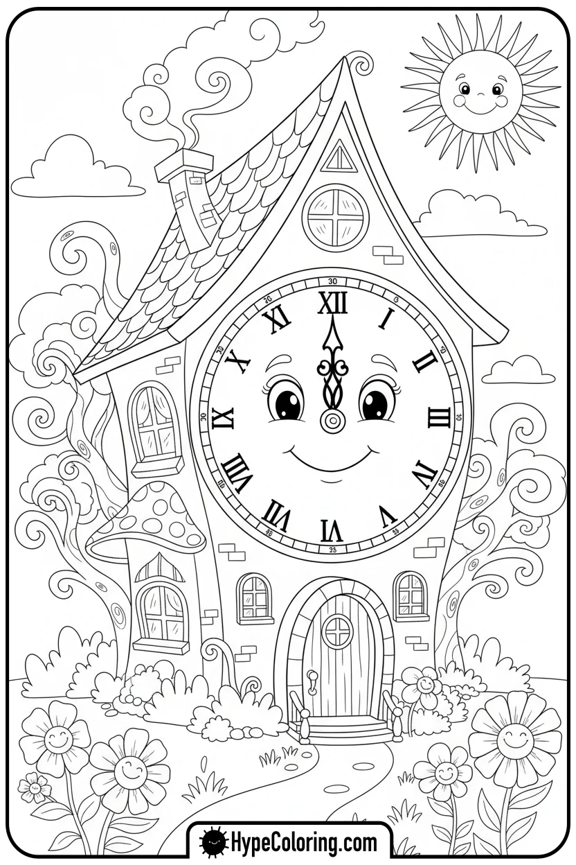 house-with-a-clock-face - house coloring pages