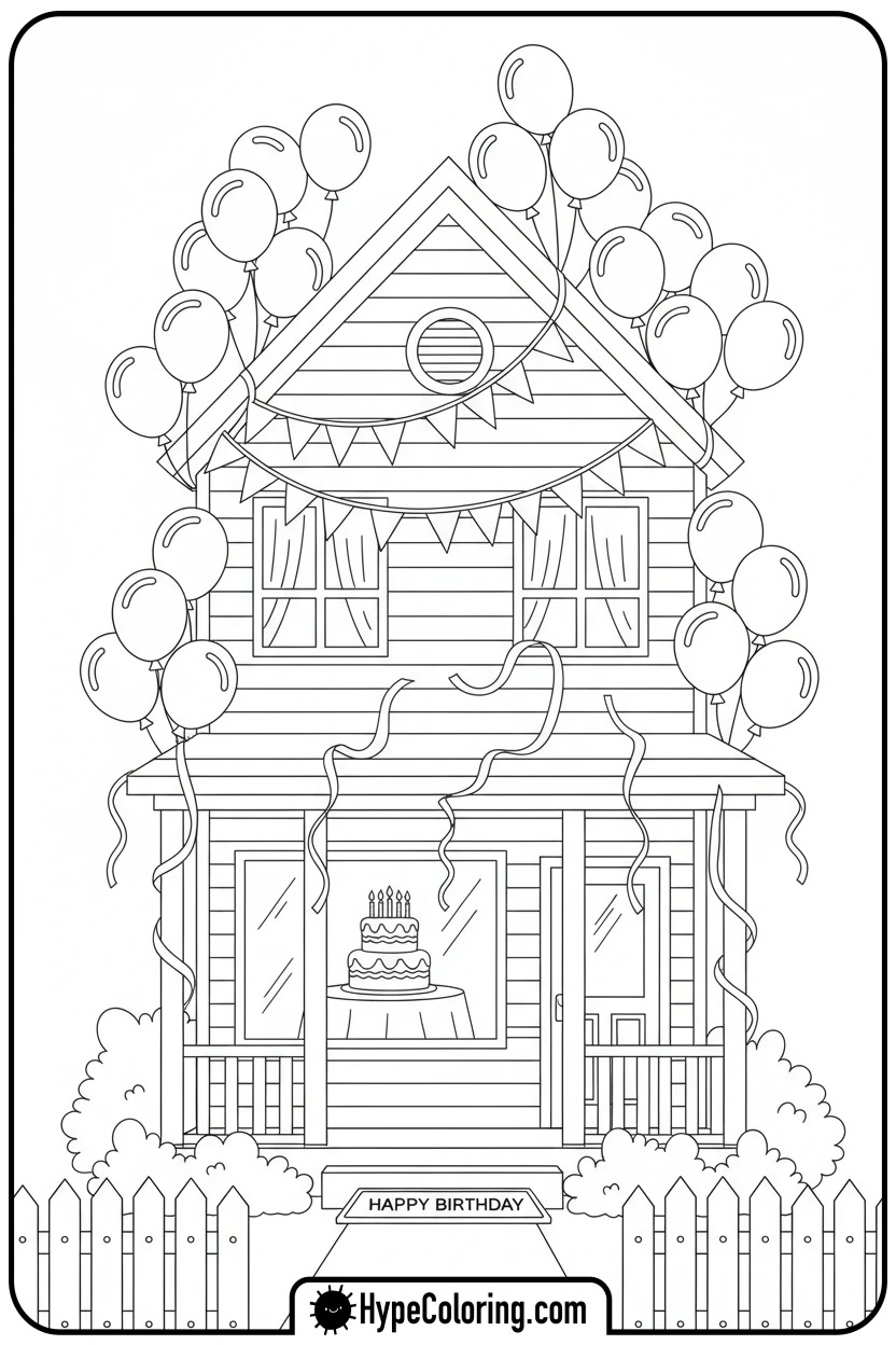house-with-birthday-decorations - house coloring pages