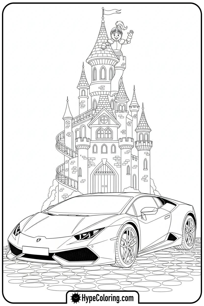 Click to download PDF lamborghini-at-a-castle - lamborghini coloring page