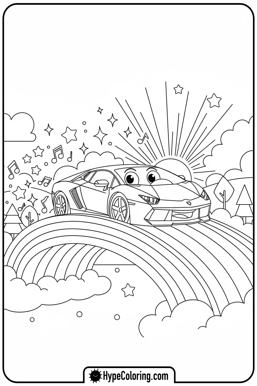 Click to download PDF lamborghini-on-rainbow-bridge - lamborghini coloring page
