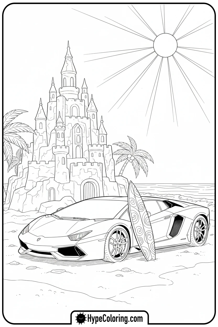 Click to download PDF lamborghini-on-beach-with-sandcastle - lamborghini coloring page
