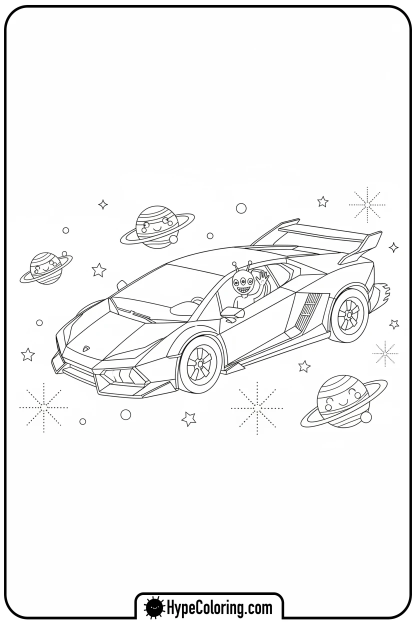 Click to download PDF flying-lamborghini-in-space - lamborghini coloring page