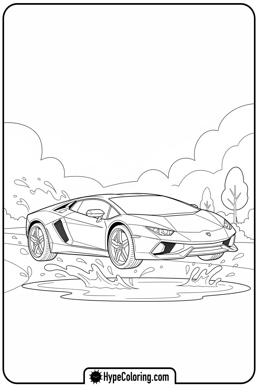 Click to download PDF lamborghini-jumping-over-puddle - lamborghini coloring page