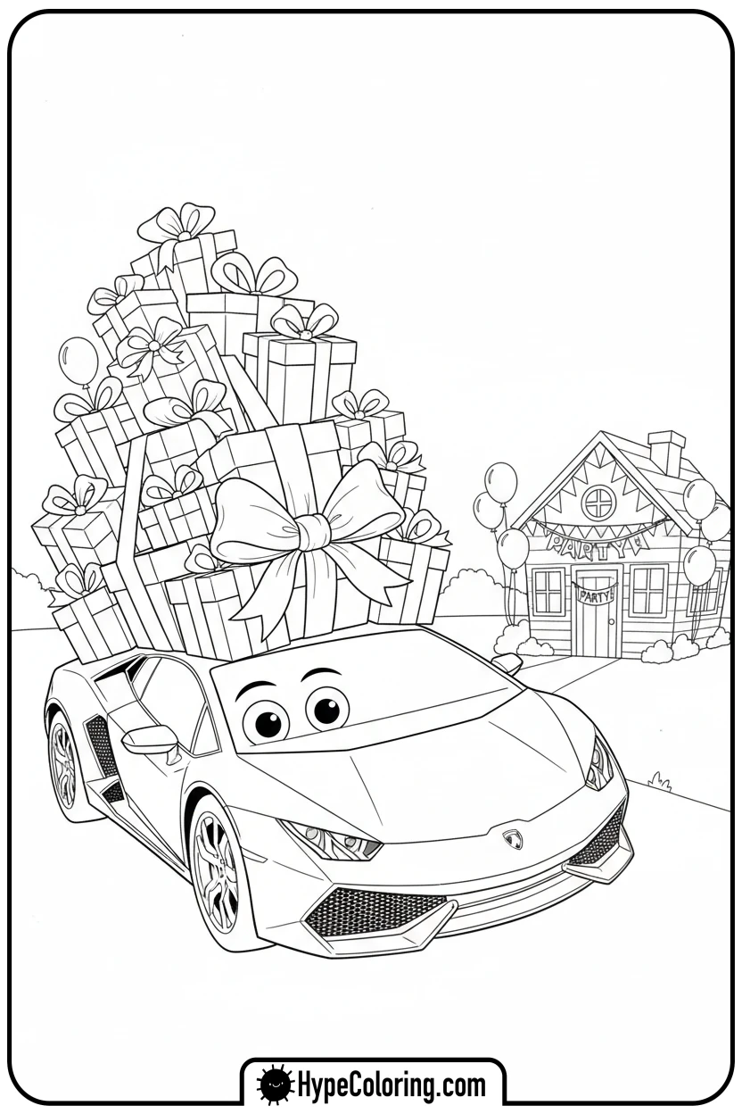 Click to download PDF lamborghini-delivering-presents - lamborghini coloring page