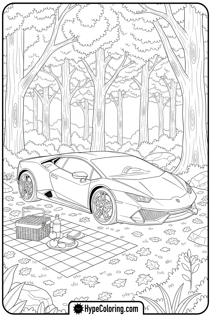 Click to download PDF lamborghini-at-a-picnic - lamborghini coloring page