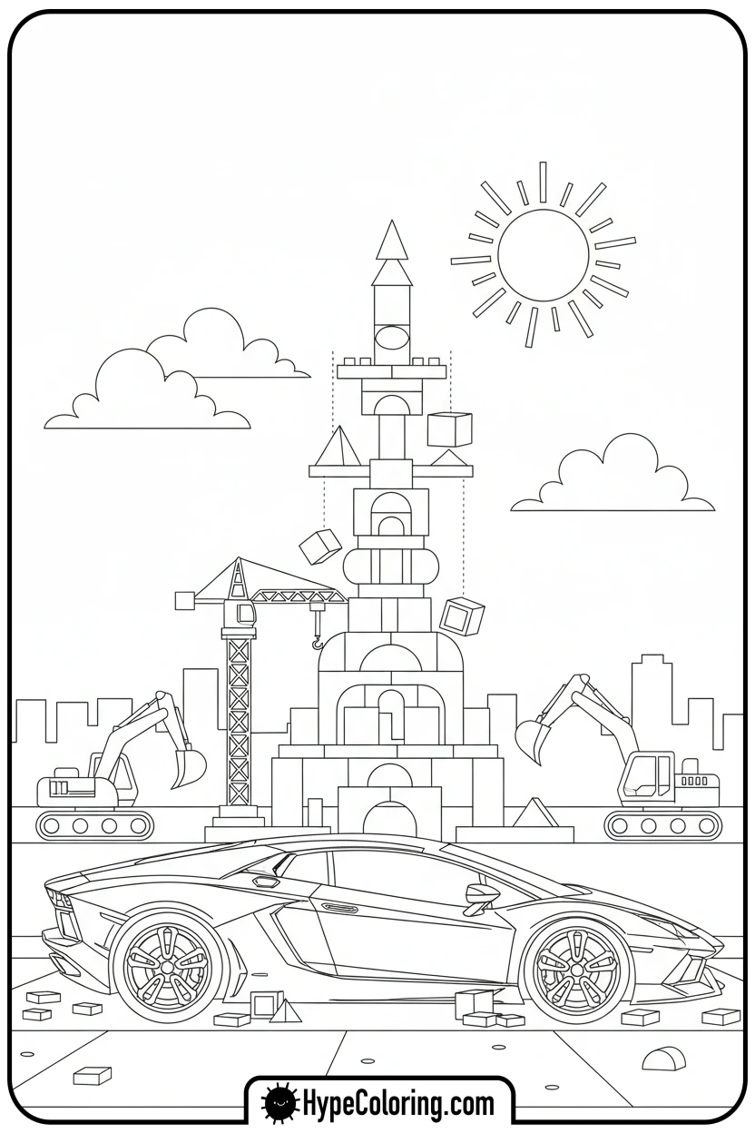 Click to download PDF lamborghini-at-construction-site - lamborghini coloring page
