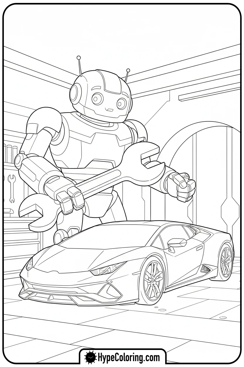 Click to download PDF lamborghini-with-giant-robot - lamborghini coloring page