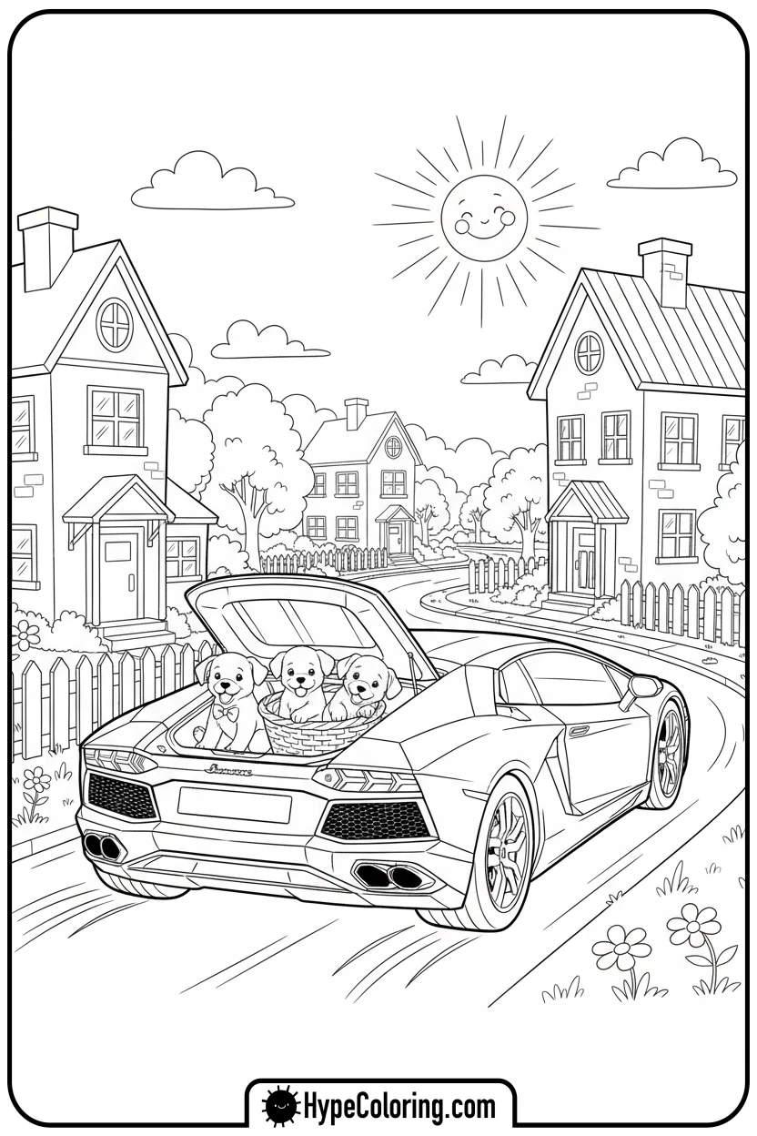 Click to download PDF lamborghini-with-puppies - lamborghini coloring page