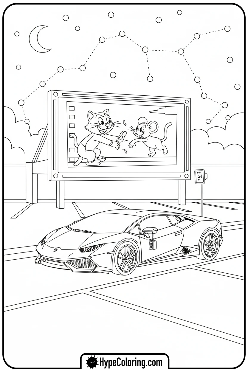 Click to download PDF lamborghini-at-drive-in-movie - lamborghini coloring page