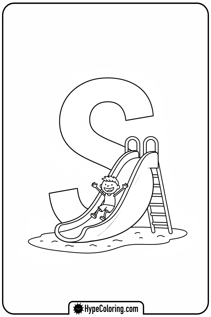 Click to download PDF child-joyfully-sliding-down-s-slide - letter s coloring pages