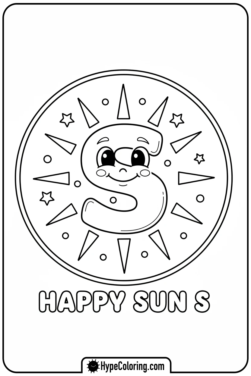 Click to download PDF smiling-s-sun-with-radiating-rays - letter s coloring pages