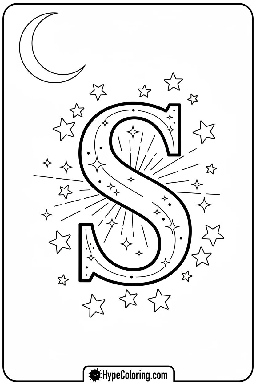 Click to download PDF twinkling-s-star-in-night-sky - letter s coloring pages