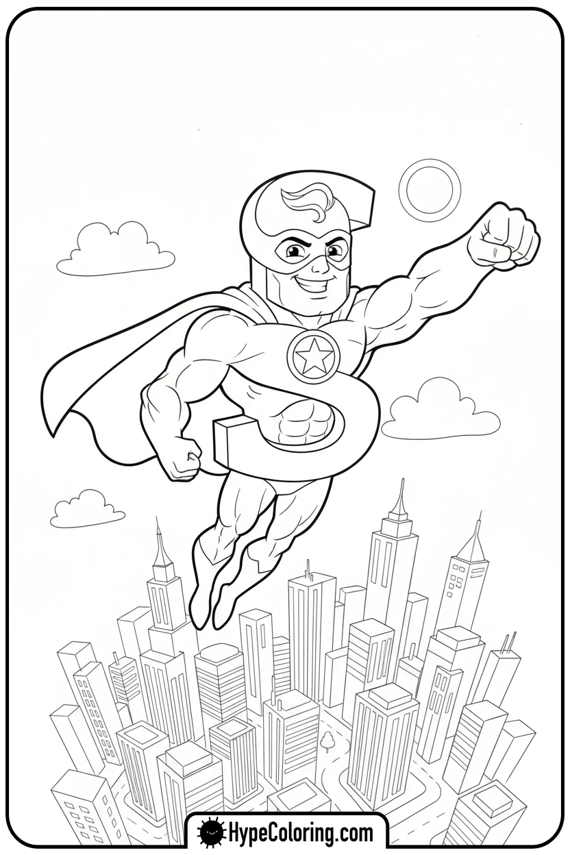 Click to download PDF superhero-s-flying-over-city - letter s coloring pages