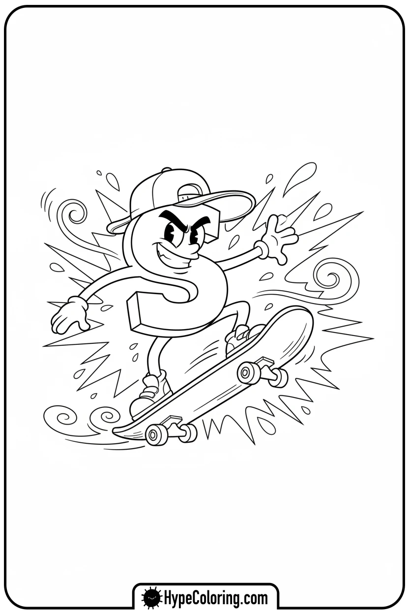 Click to download PDF cool-s-skateboarder-doing-trick - letter s coloring pages