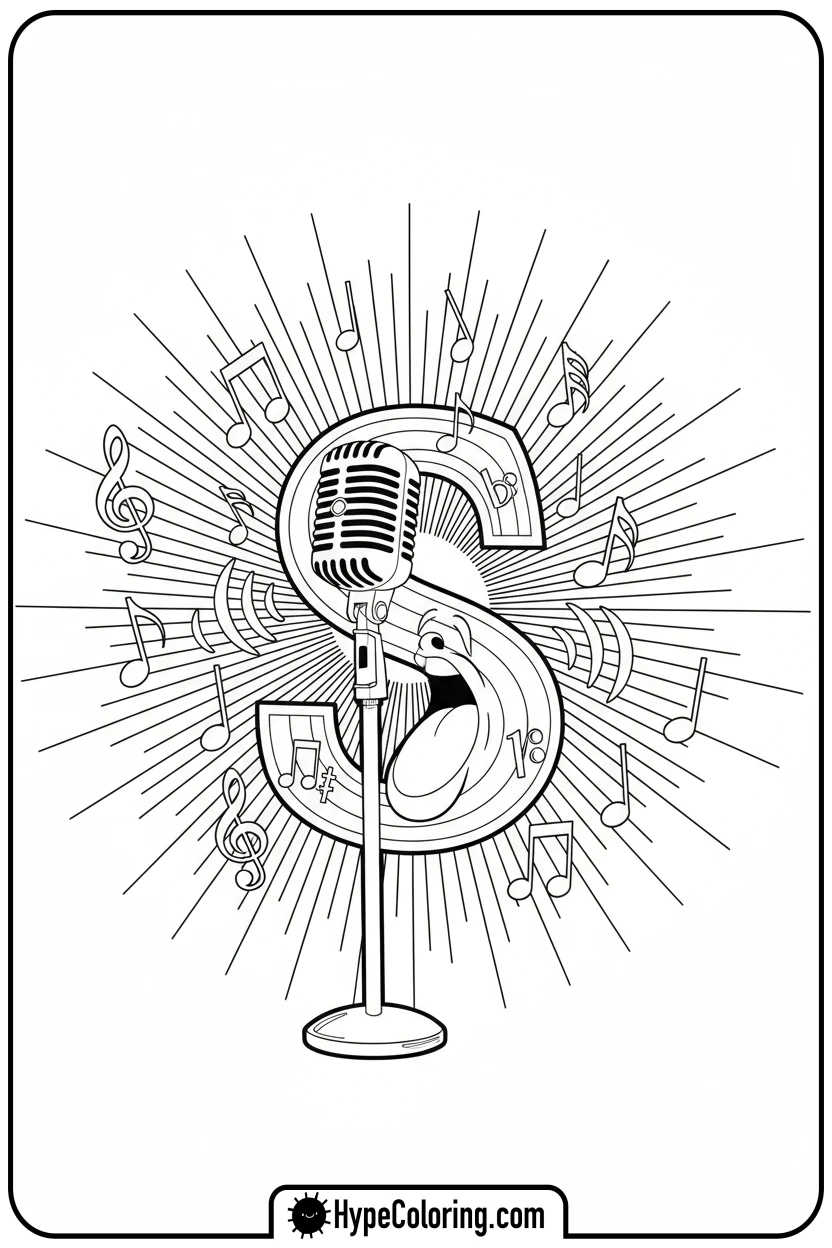 Click to download PDF s-singer-with-microphone-and-notes - letter s coloring pages