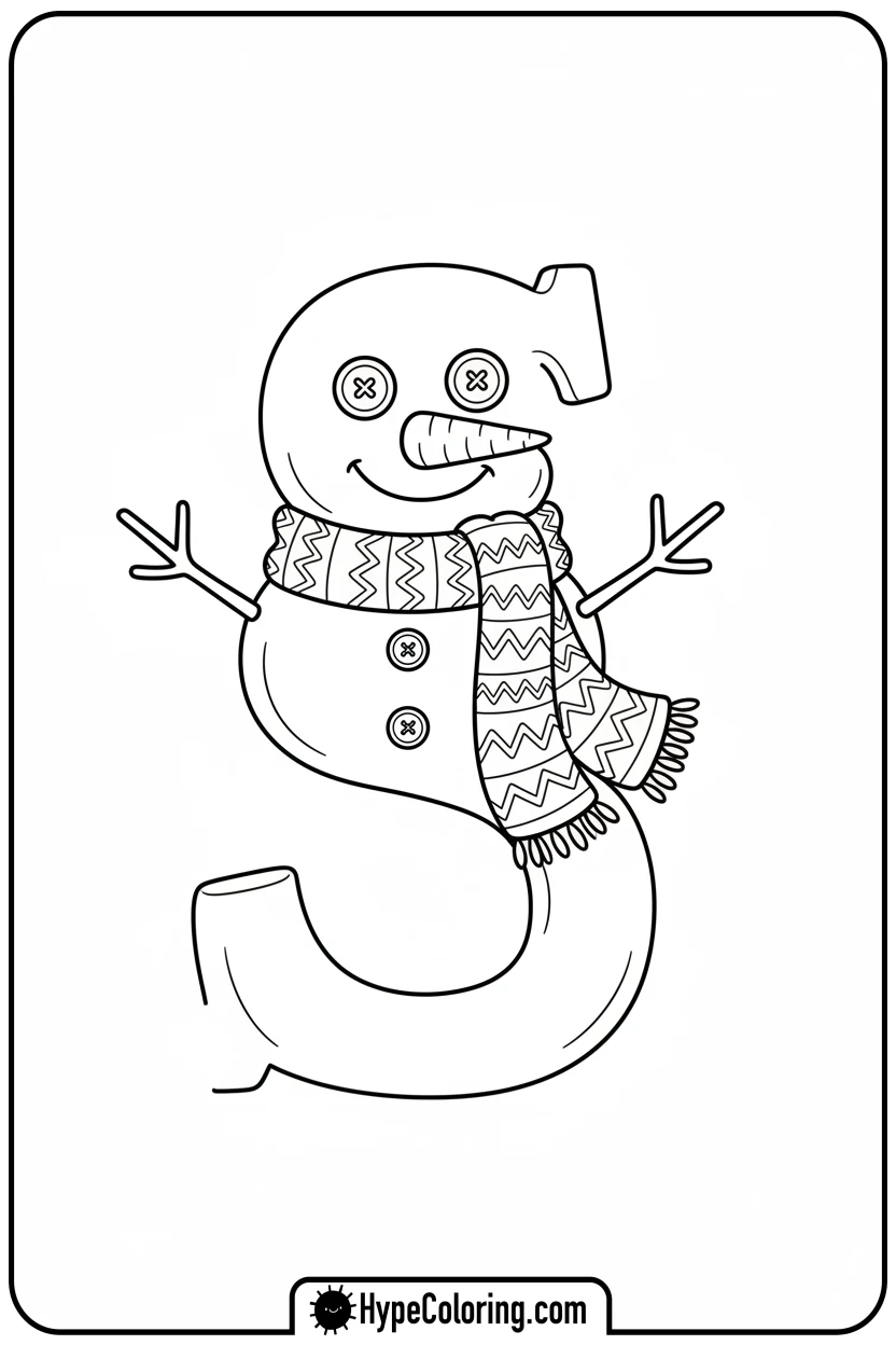 Click to download PDF s-snowman-with-carrot-nose-and-scarf - letter s coloring pages
