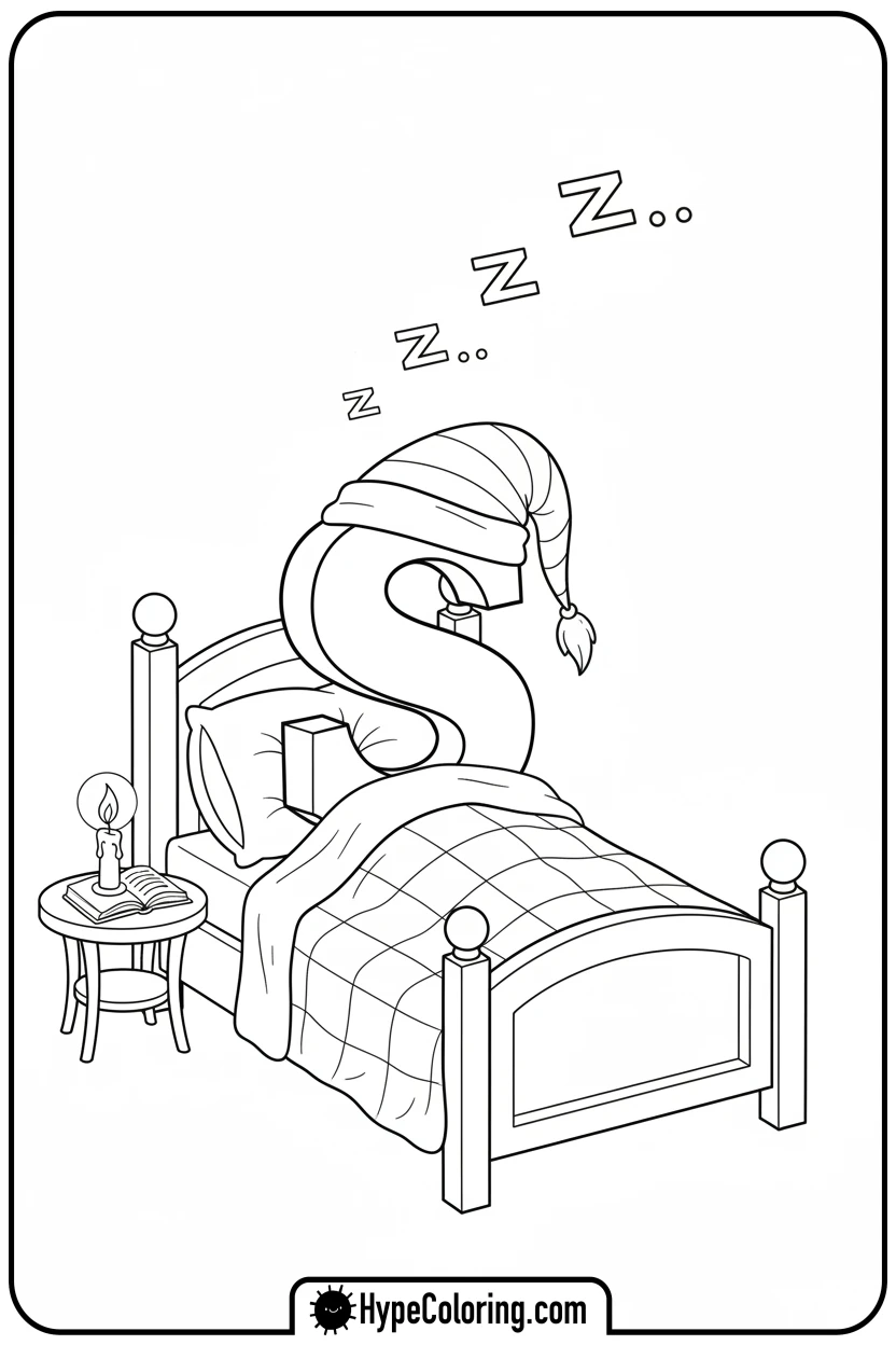 Click to download PDF sleepy-s-in-bed-with-nightcap - letter s coloring pages