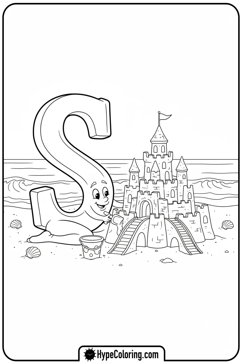 Click to download PDF s-building-sandcastle-on-beach - letter s coloring pages