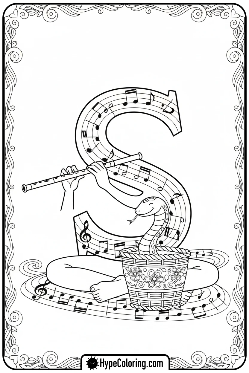 Click to download PDF s-snake-charmer-with-flute - letter s coloring pages